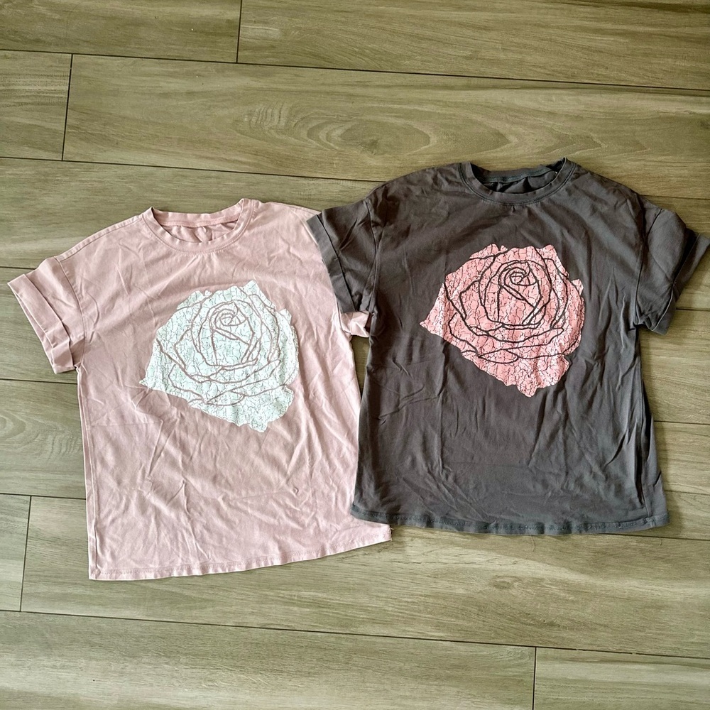 Women’s Rose Graphic T-Shirts - Pink and Gray